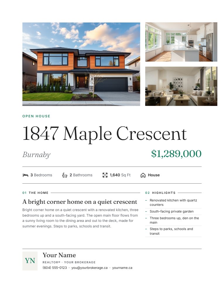 Sample open house flyer in the Modern design, light theme